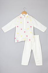 Off-White Heart Embroidered Kurta Pyjama for Boys